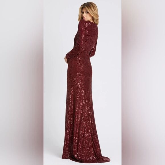 Mac Duggal 26395 Faux Wrap Long Sleeve Sequin Gown New Size 6 Wine Red - Picture 2 of 6